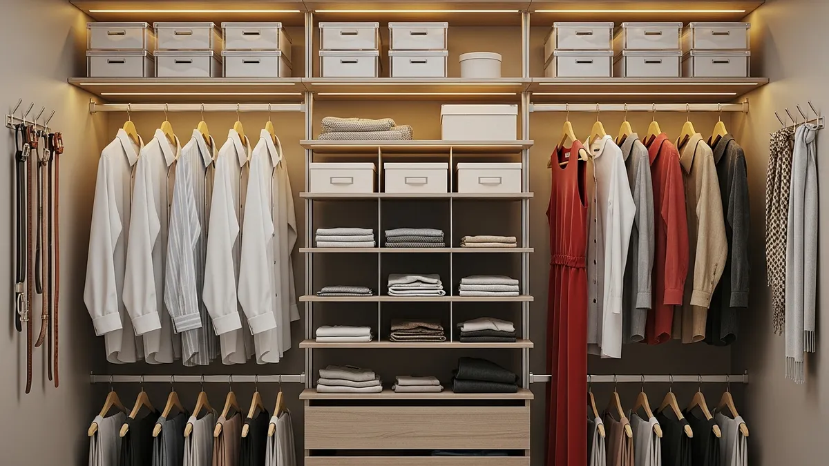 Vertical closet storage system demonstrating space-maximizing organization ideas with multiple hanging levels and shelf organizers