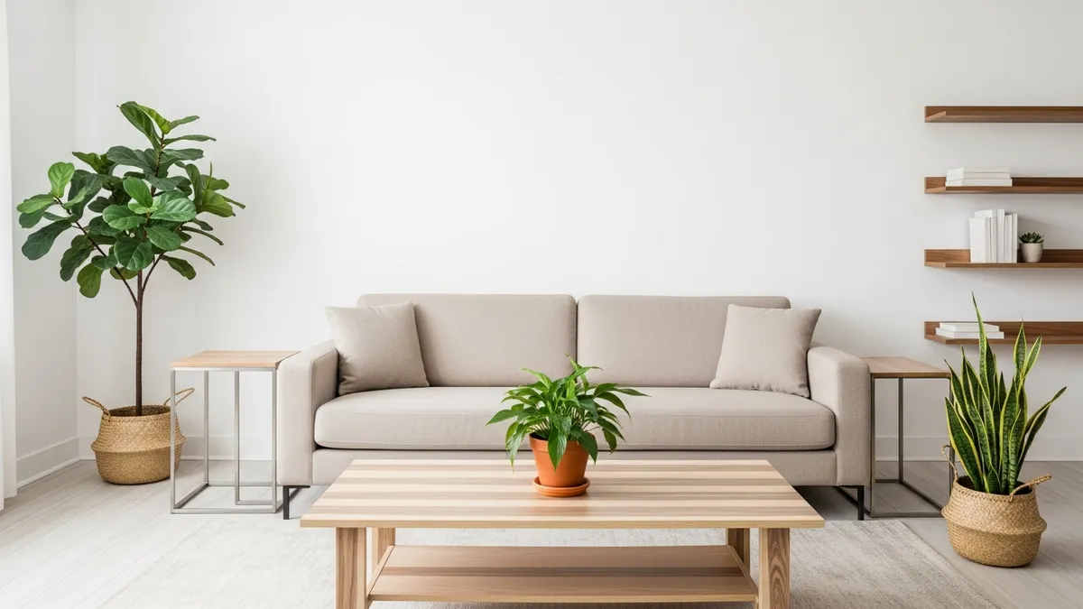 Neutral color palette in minimalist living room design with natural elements