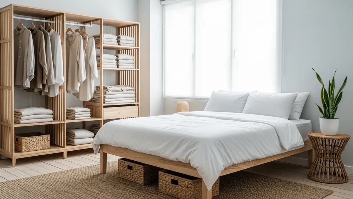 Kamar tidur minimalis dengan lemari terorganisir dan kotak penyimpanan rapi