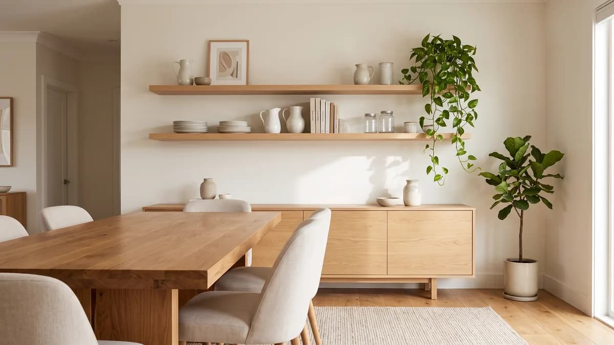 Conceptual dining room illustration with two wood wall shelves above a sideboard, white serving pieces, glass jars and trailing plants.