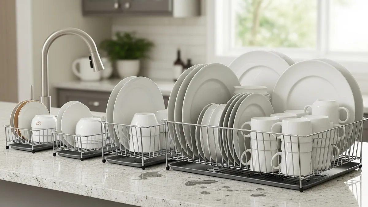 Various dish rack sizes showing different storage capacities for kitchen organization