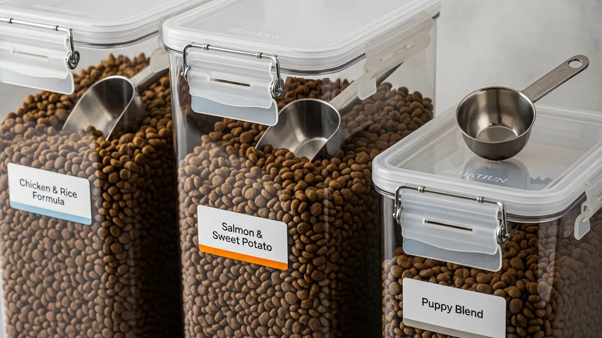 Airtight dog food storage containers with transparent lids displaying fresh kibble and measuring accessories