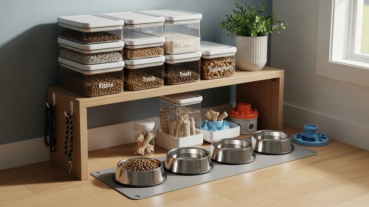 Organized dog feeding station featuring multiple food storage containers and feeding accessories in home setting