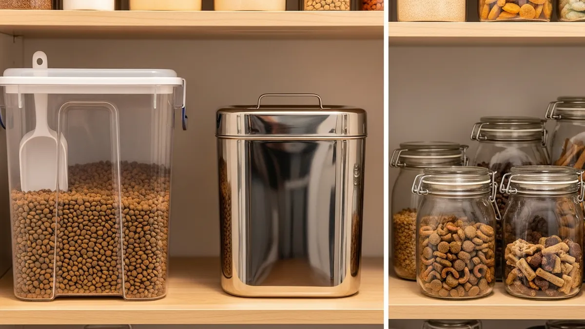 Comparison of various dog food containers and storage materials including plastic, stainless steel, and glass options