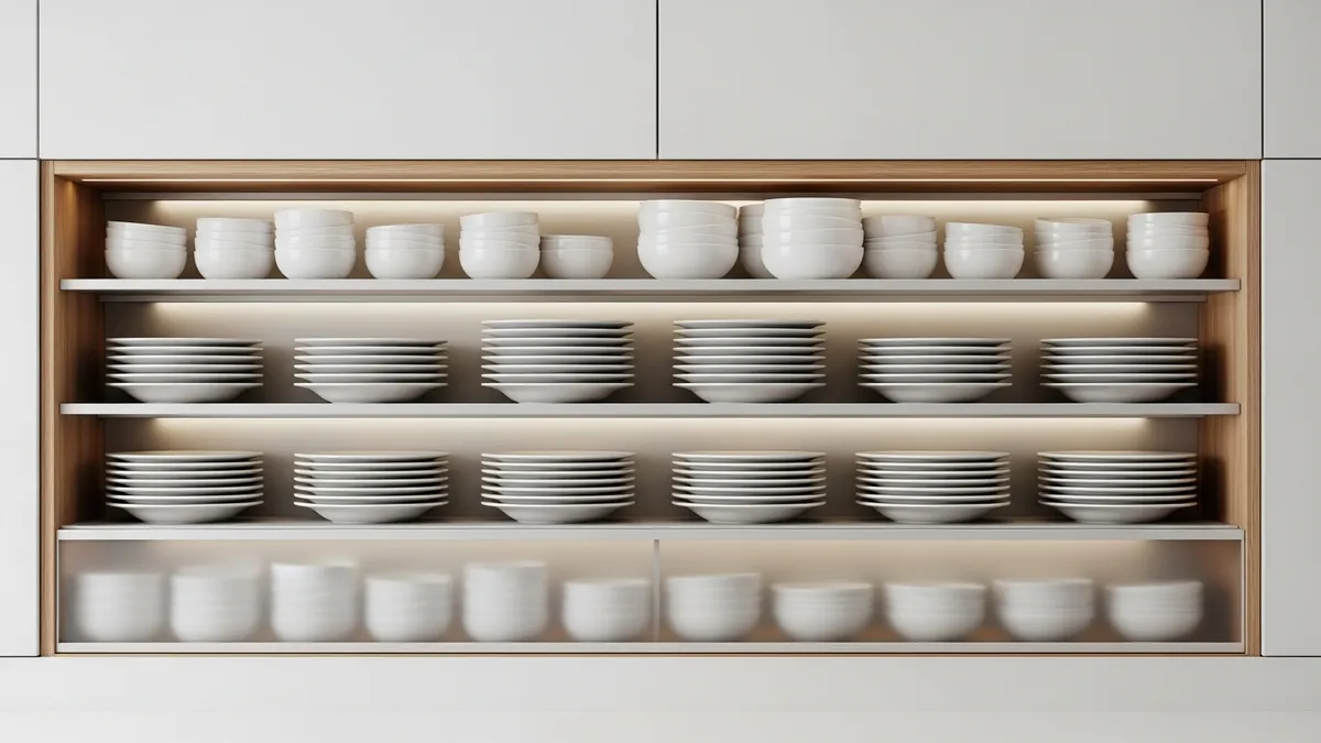Organized dishes inside enclosed minimalist dish rack showing clean storage