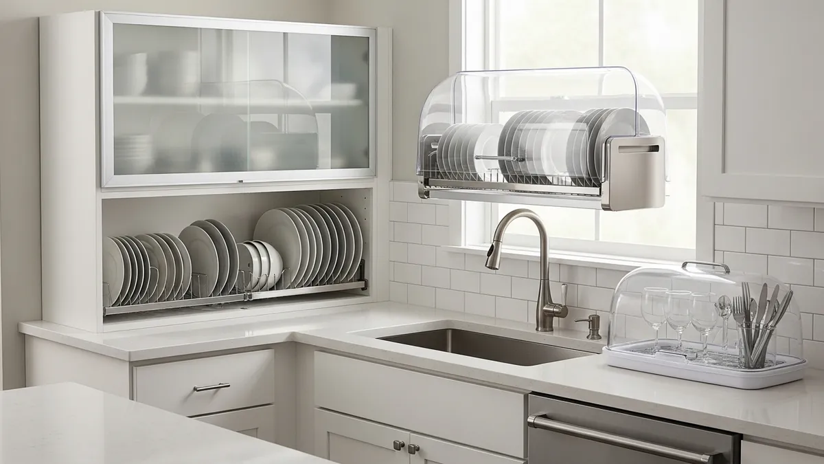 Different types of enclosed minimalist dish racks for modern kitchens