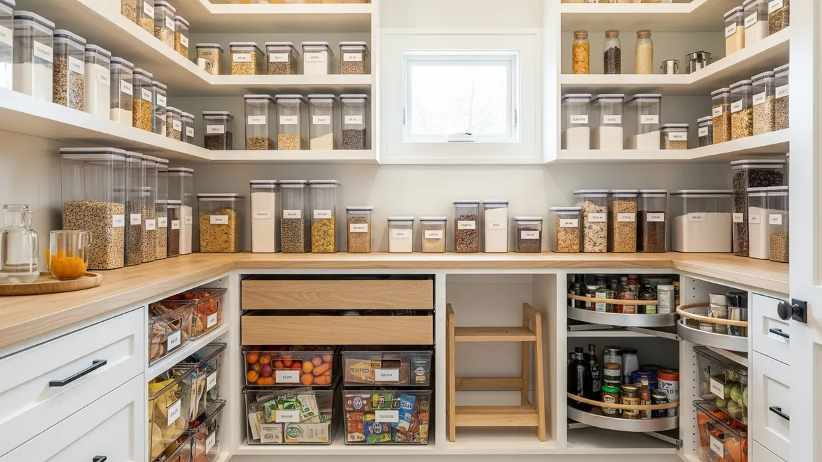 Organized pantry with food containers and storage systems showing efficient kitchen organization