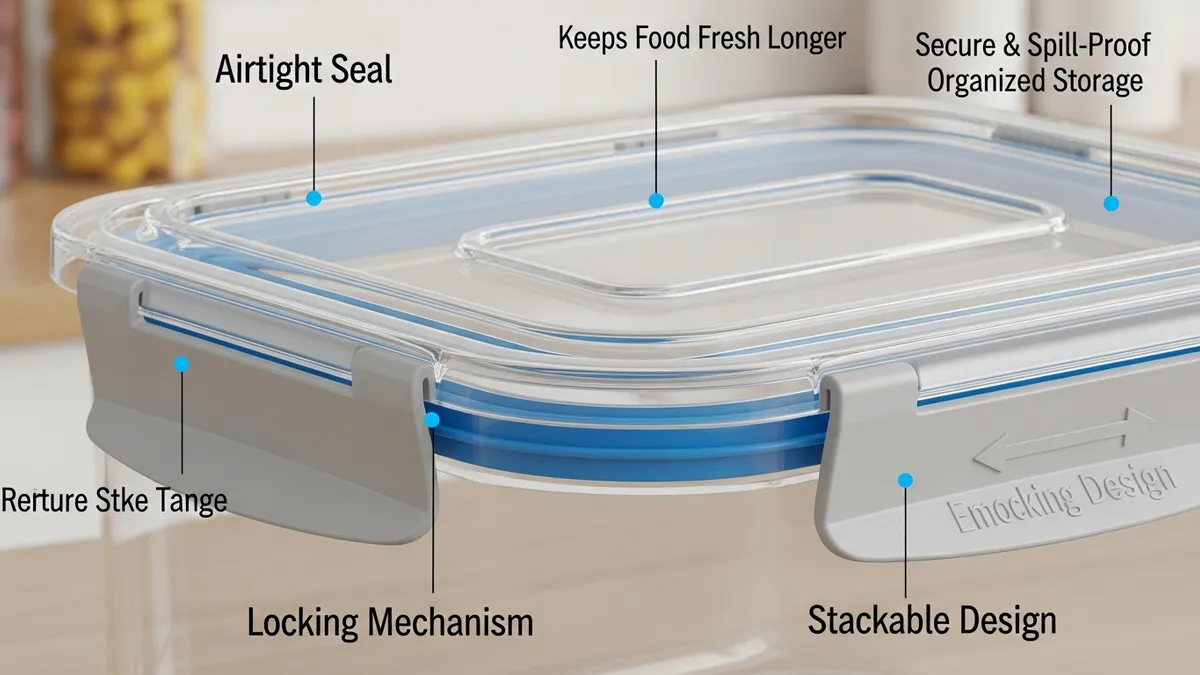 Food storage container lid features showing airtight seal and locking mechanism