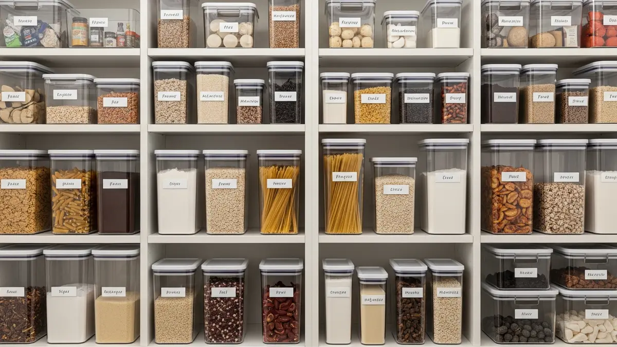 Organized pantry with food storage containers with lid for efficient kitchen storage