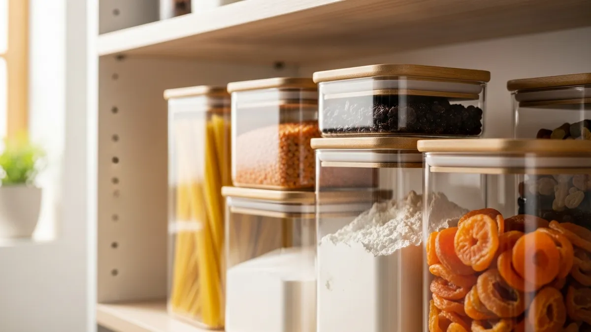 Glass food storage containers with airtight lids organized in modern pantry