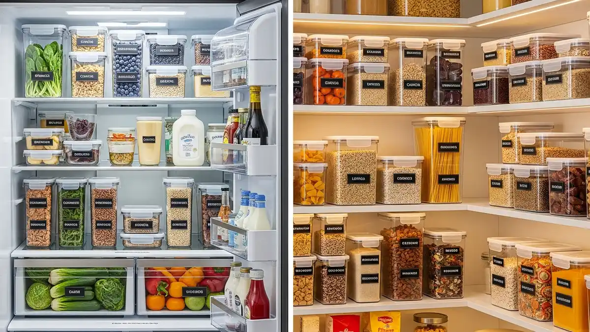 Organized kitchen storage system using food containers with lids for maximum freshness