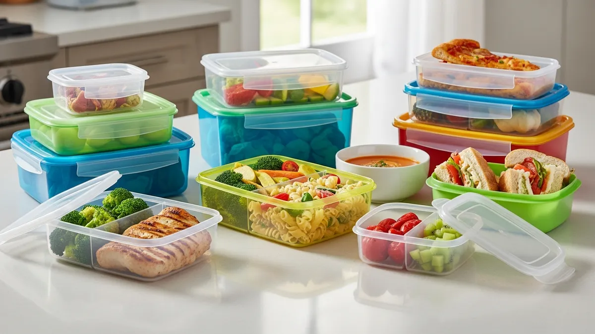 Plastic food storage containers with secure lids for meal prep and leftovers