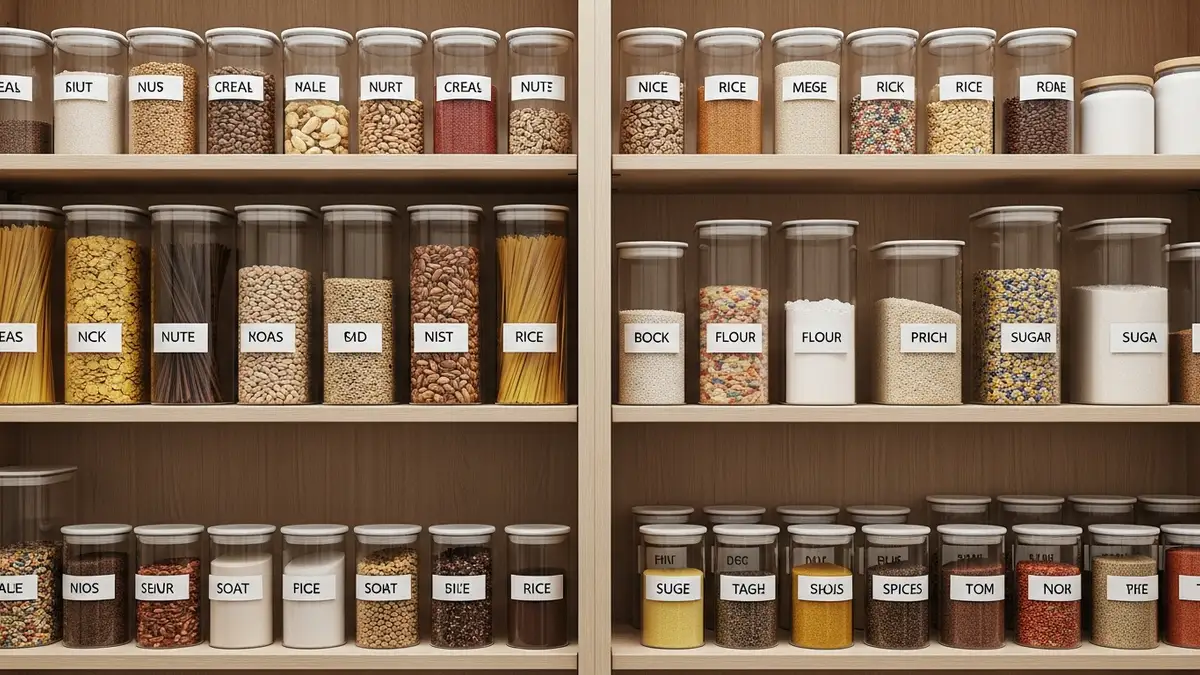 Organized pantry with glass containers for food storage and labels