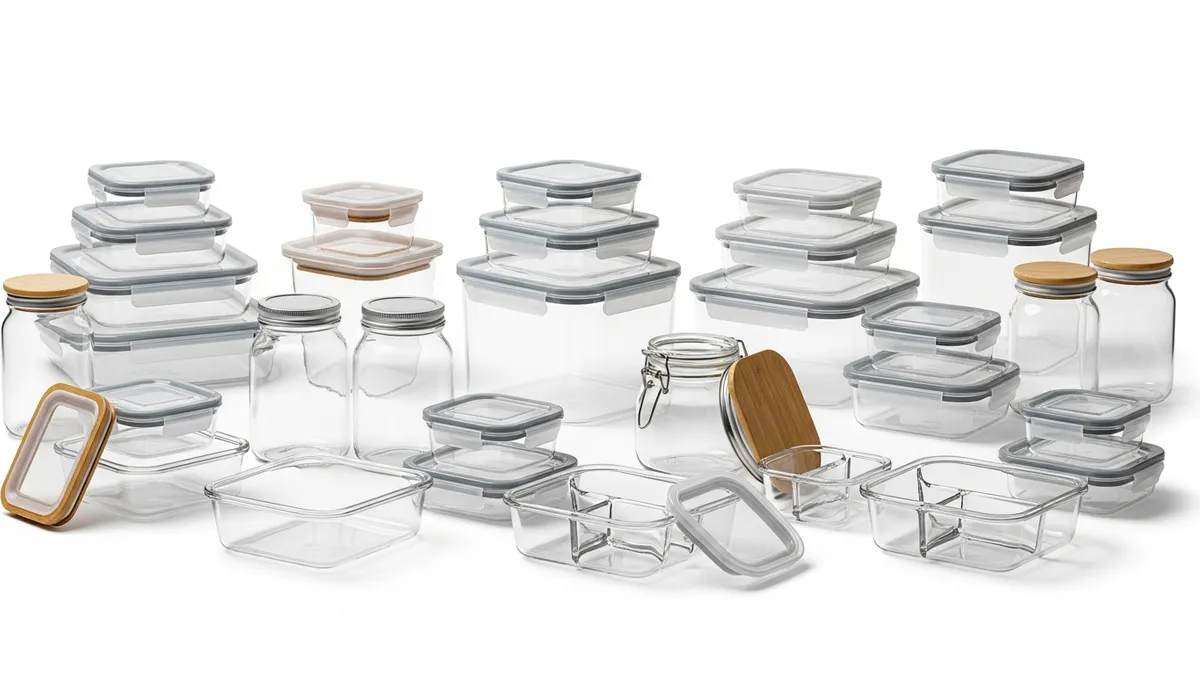 Various types of glass containers for food storage with airtight lids
