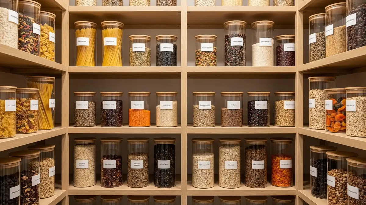 Organized pantry using glass containers with glass lids for food storage