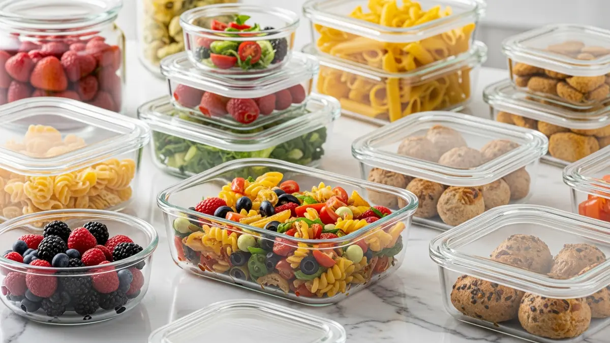 Different types of glass containers with glass lids for food storage comparison