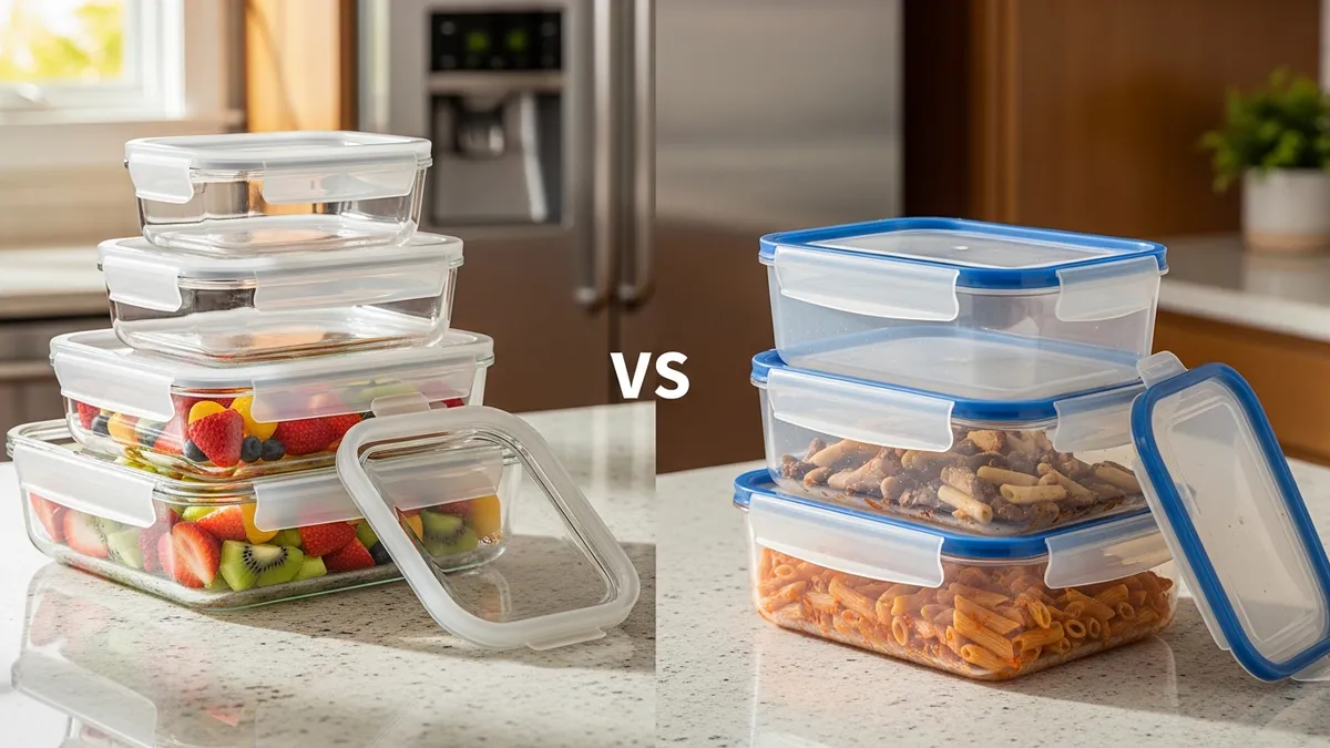 Comparison showing benefits of glass food storage containers with glass lids over plastic alternatives