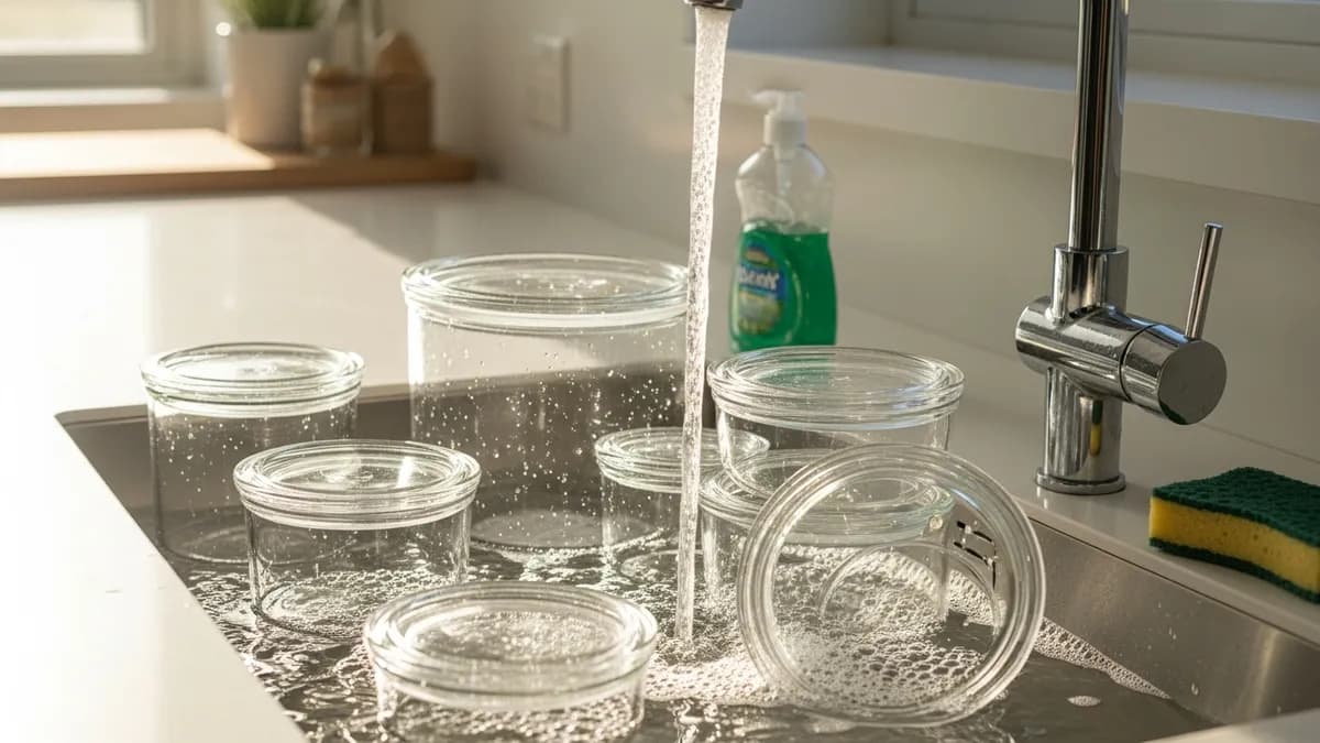 Cleaning and maintaining glass food storage containers glass lids in kitchen sink