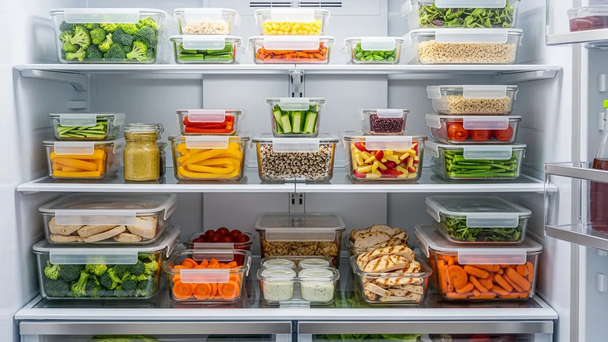 Well-organized refrigerator showcasing glass food storage containers glass lids for meal prep storage