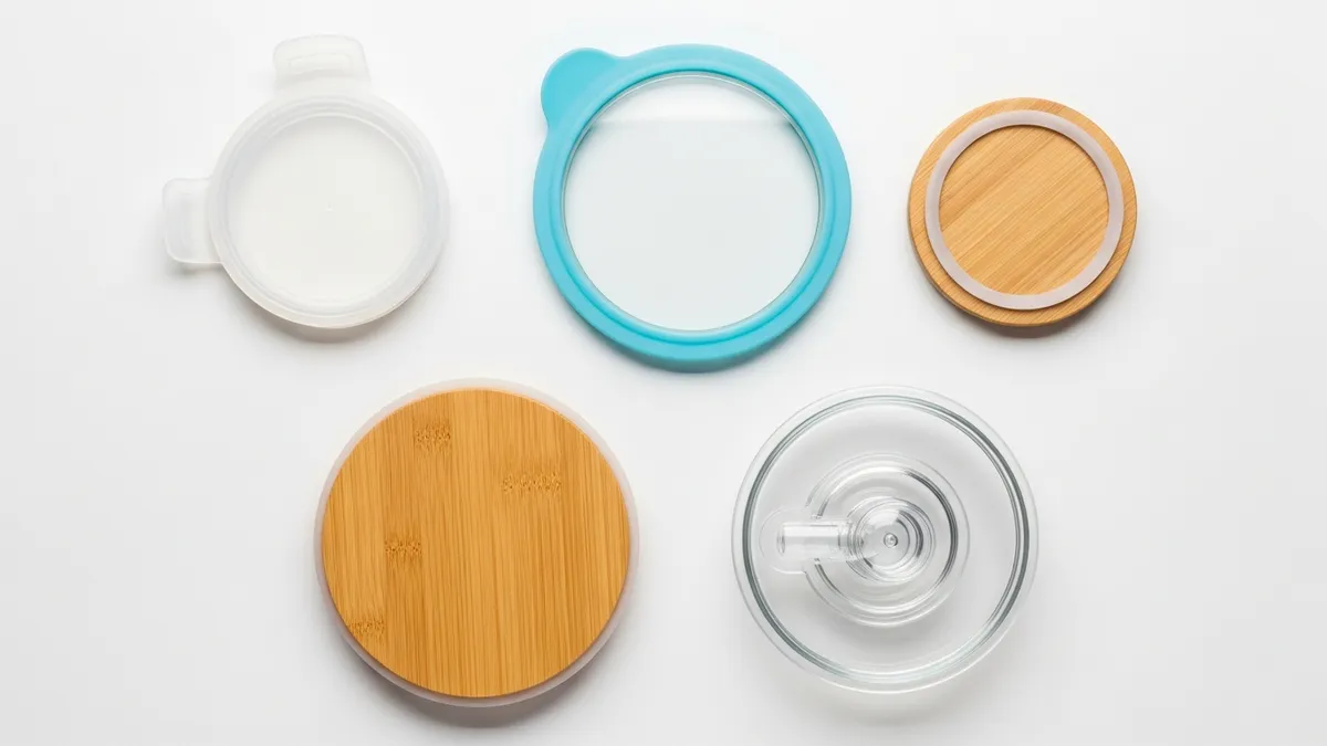Various types of glass food storage containers lids including plastic, glass, and bamboo options