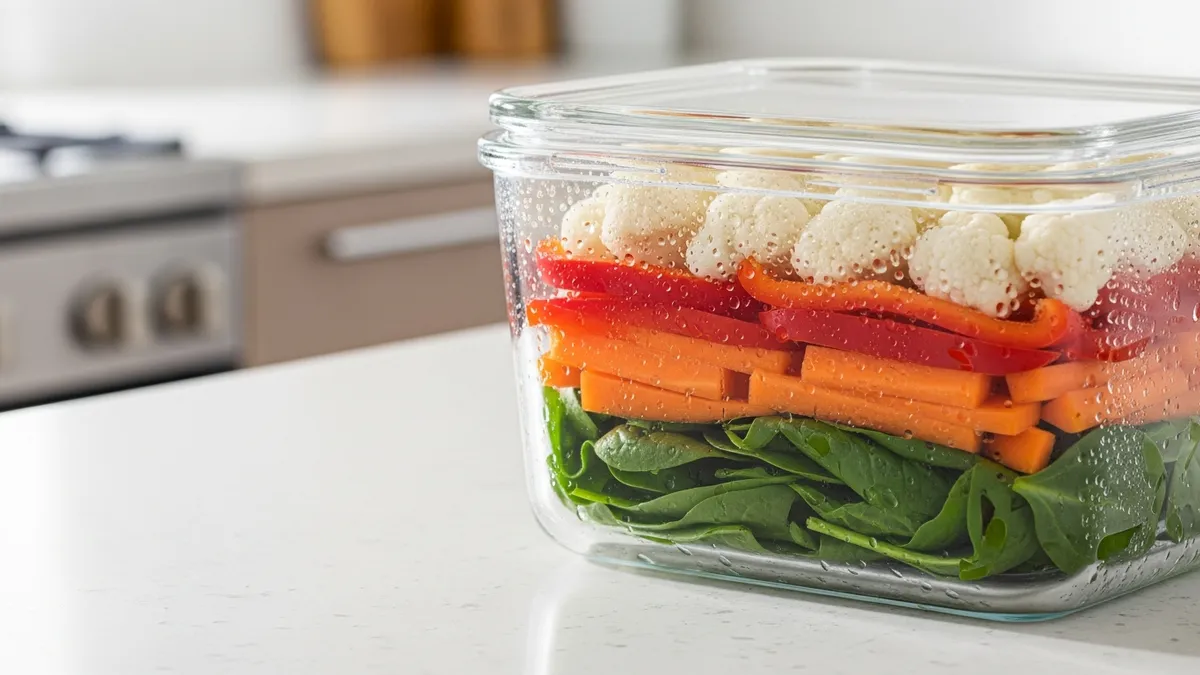 Glass food storage container with glass lid preserving fresh vegetables