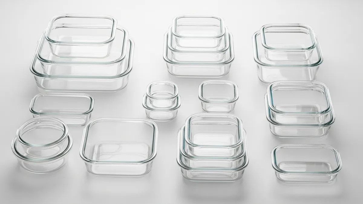 Different types and sizes of glass food storage containers with glass lids