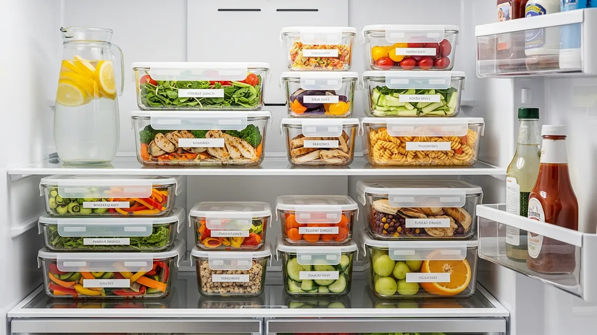 Organized refrigerator with stackable glass food containers with lids for meal prep