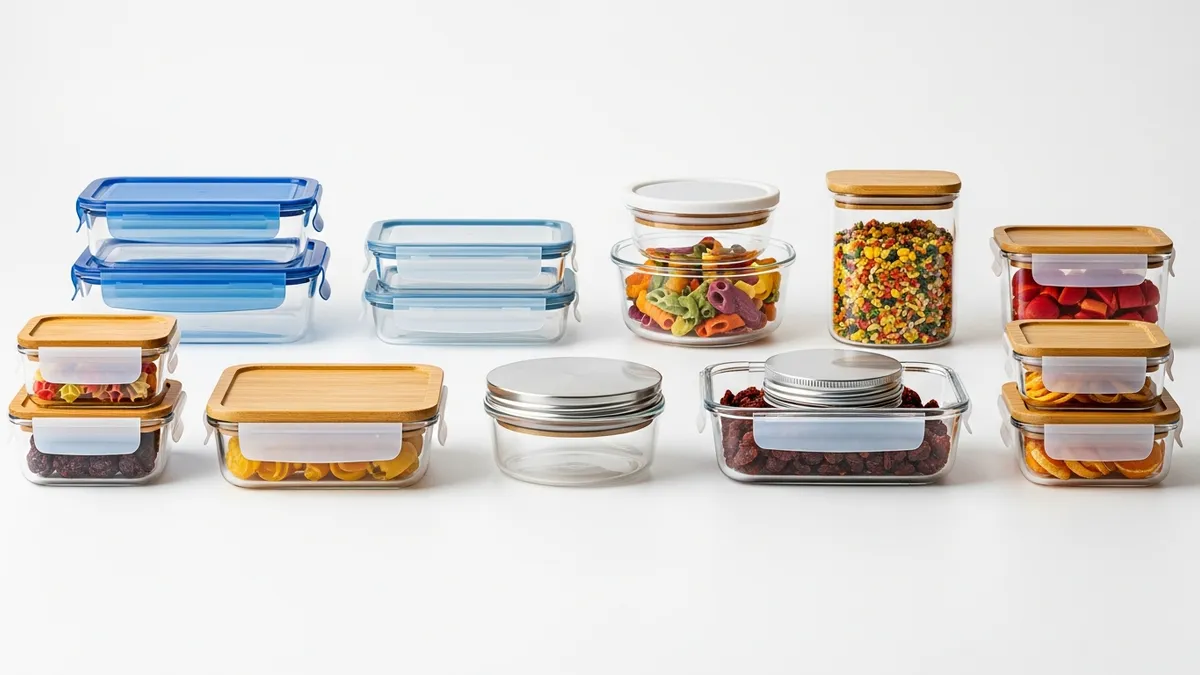 Different types of glass food storage containers with various lid designs