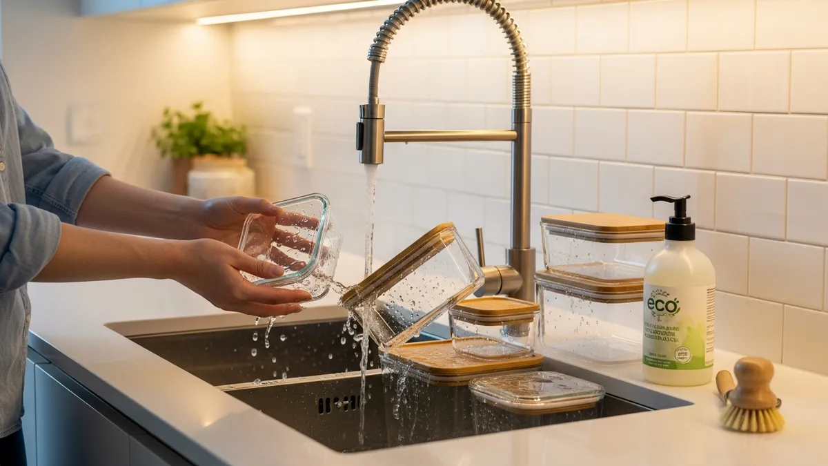 Person washing glass lid food storage containers in kitchen sink demonstrating easy cleaning process