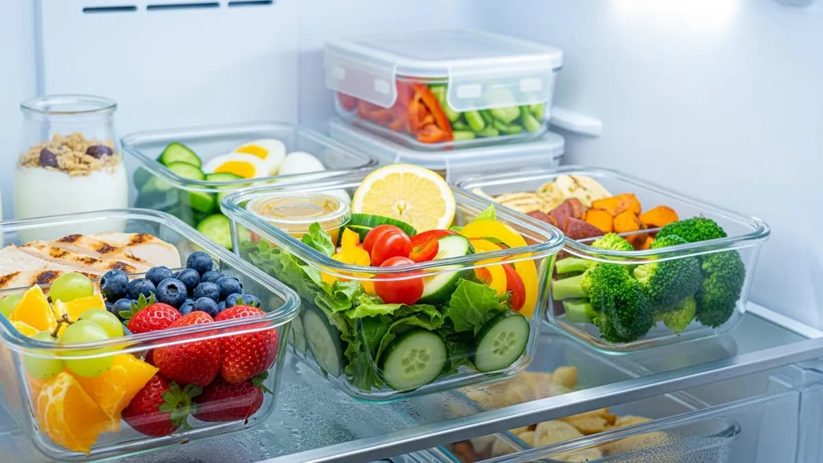 Glass storage containers with lids keeping food fresh in refrigerator