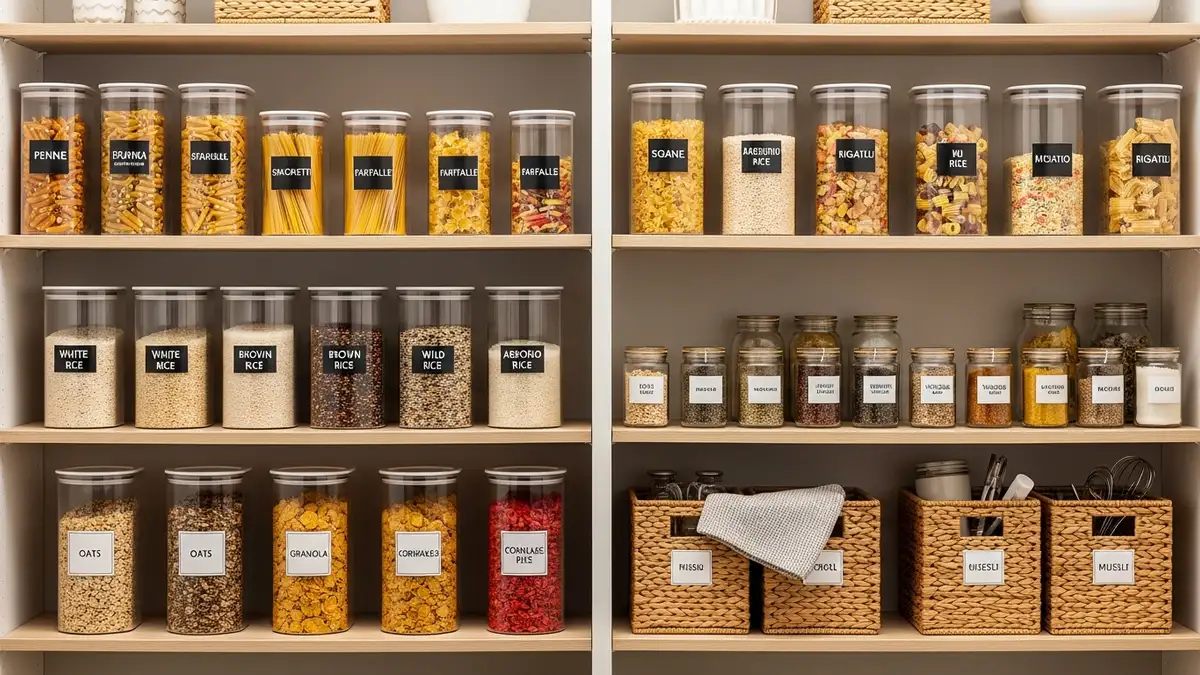 Organized pantry with glass storage containers for food with lids storing dry goods