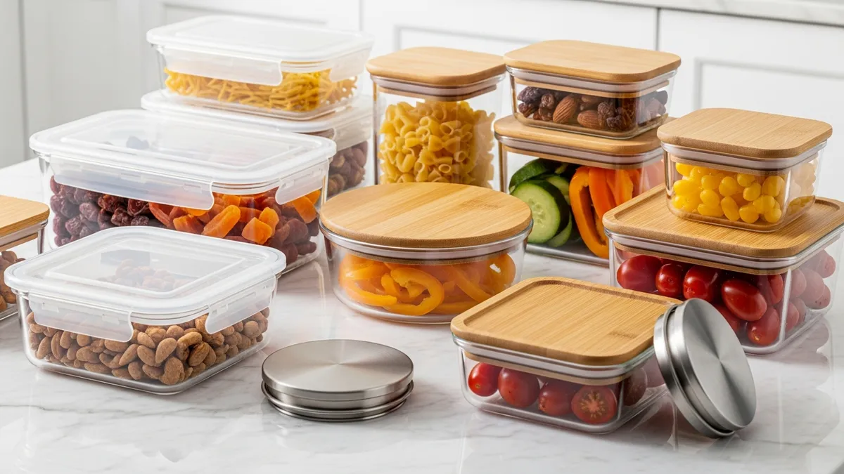 Various types of glass storage containers for food with different lid designs