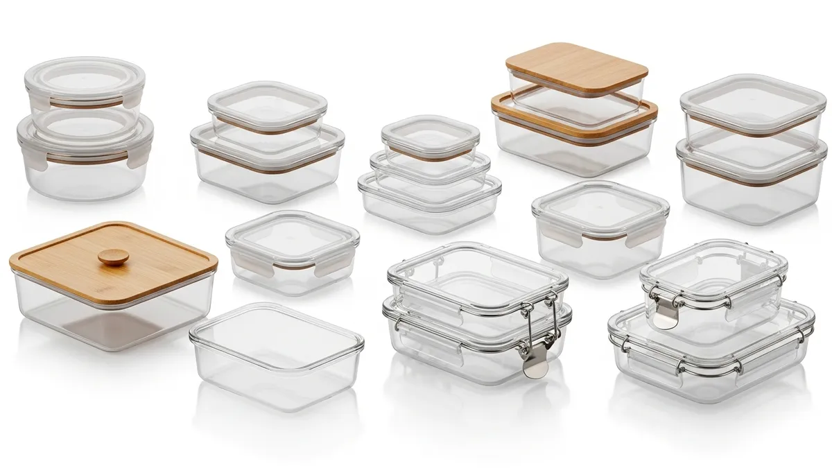 Different types of glass storage food containers with lids showing various shapes and sizes