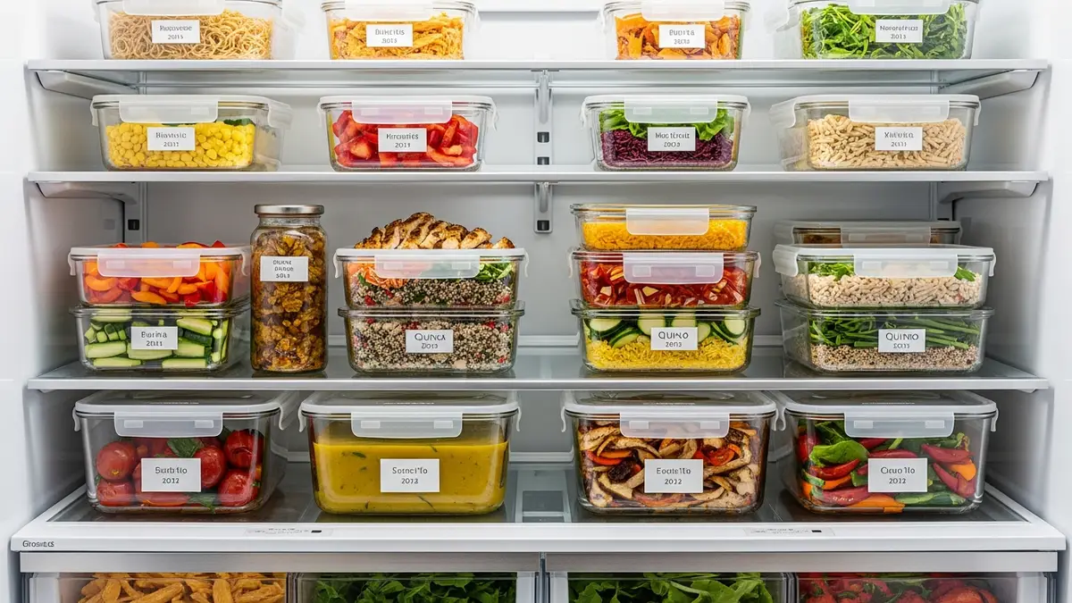 Organized refrigerator with Glasslock glass food storage containers for meal prep and leftovers
