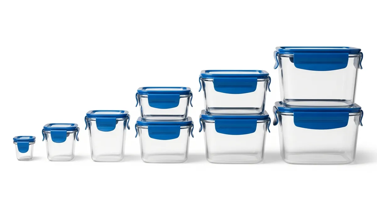Various sizes of Glasslock food storage containers with blue airtight lids arranged by size