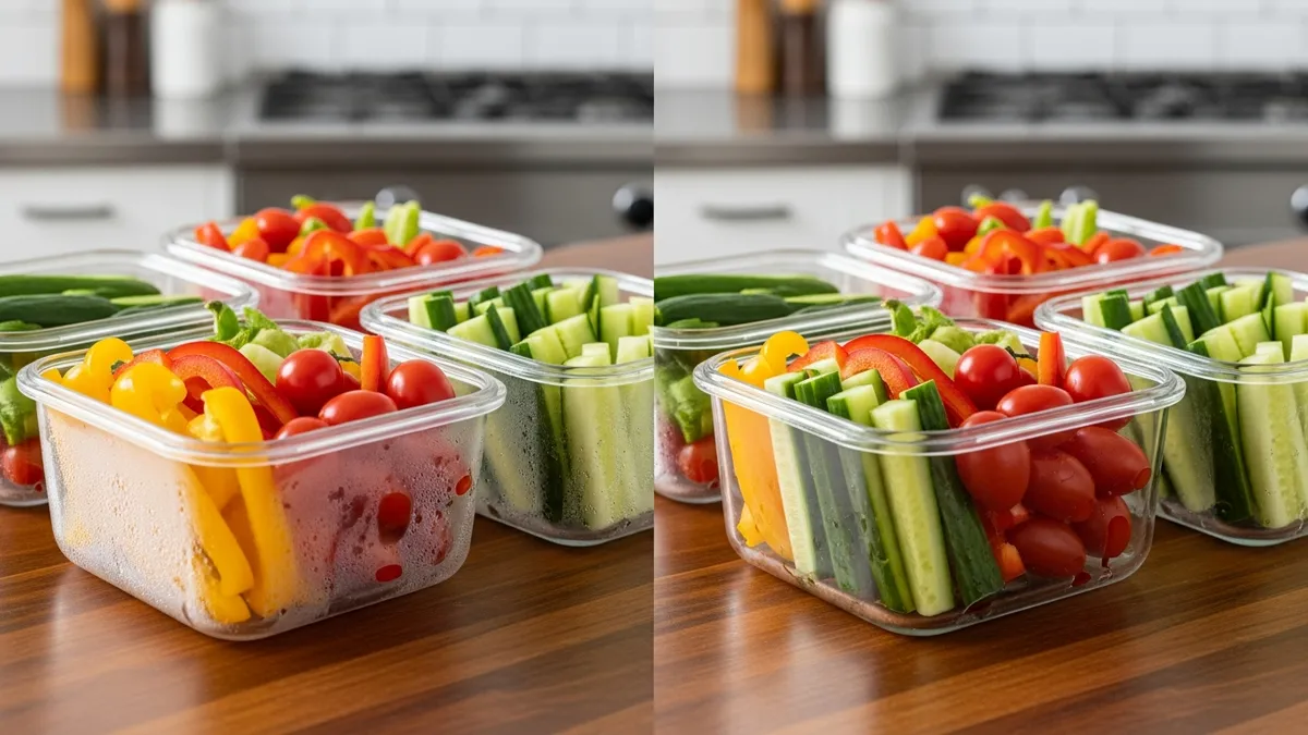 Comparison between plastic and glassware food storage containers showing freshness benefits