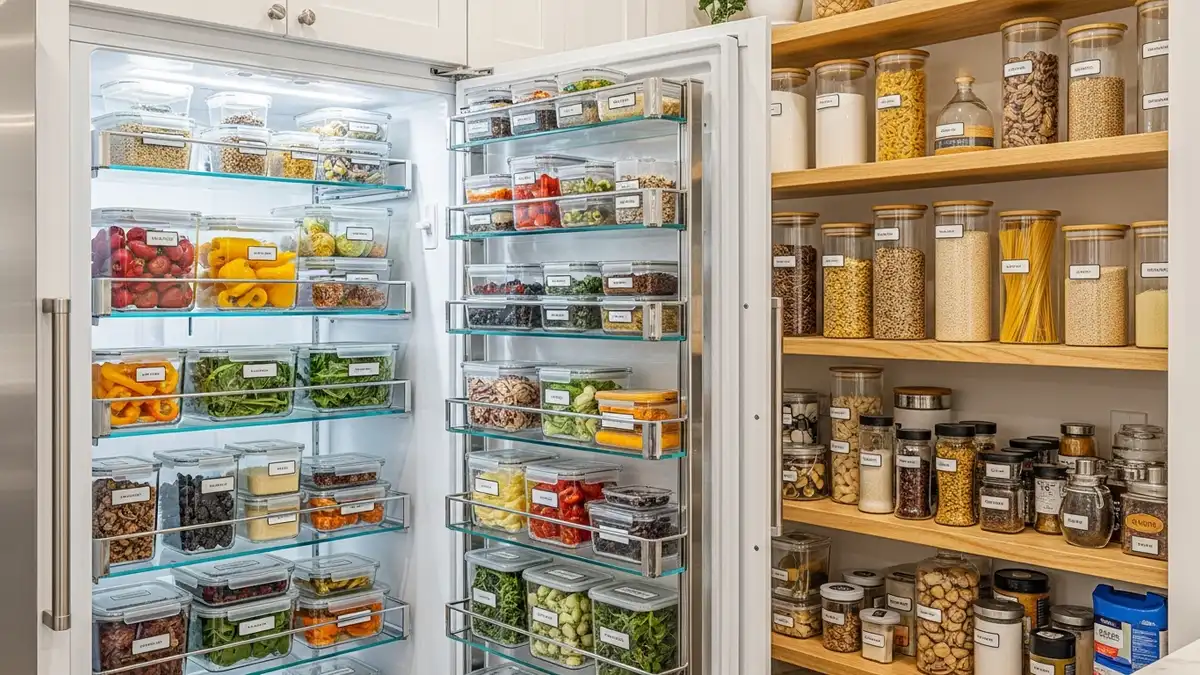 Organized kitchen storage with glassware food storage containers in refrigerator and pantry