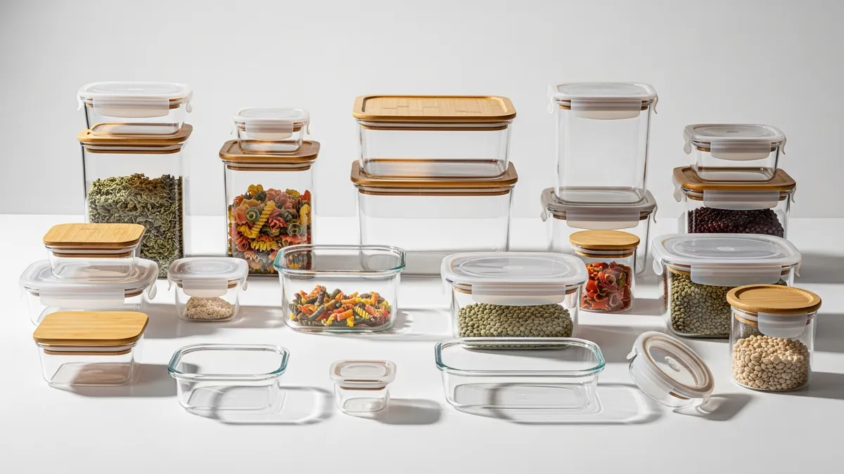 Various types and shapes of glassware food storage containers with airtight lids