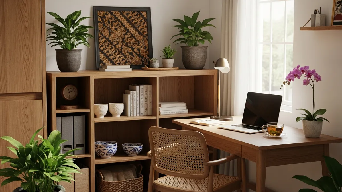 Area kerja rumah yang terorganisir dengan lifestyle storage untuk mengurangi stres dan meningkatkan produktivitas