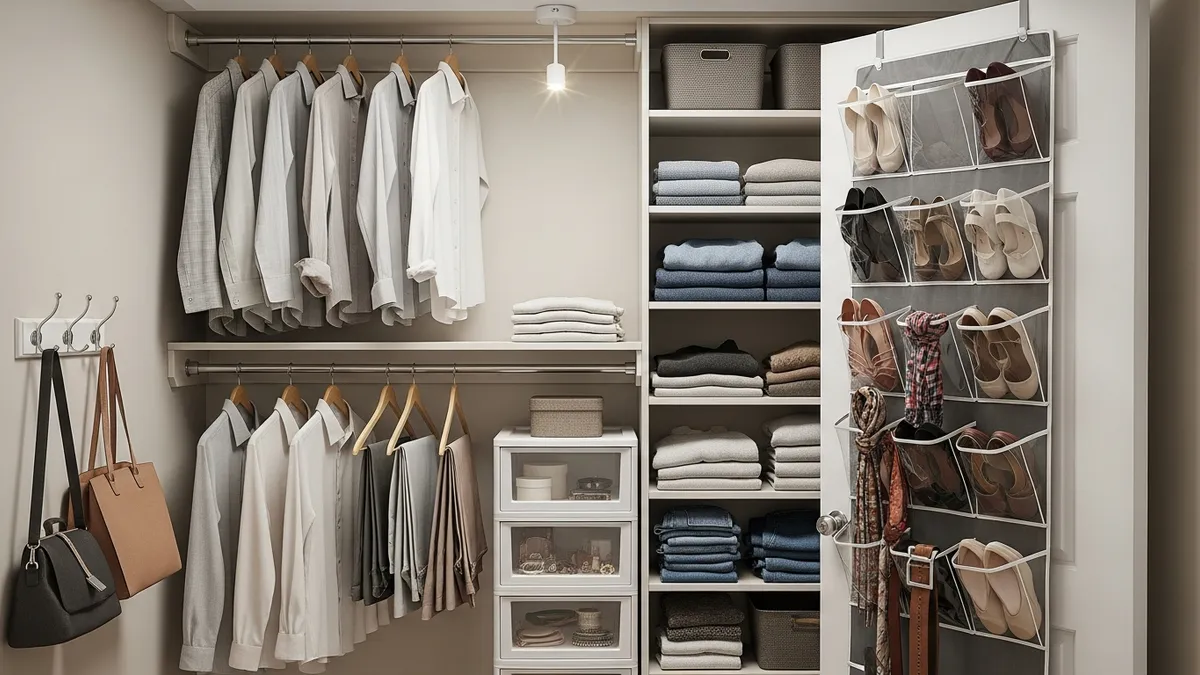 Small closet maximized with vertical storage and space-saving organization ideas