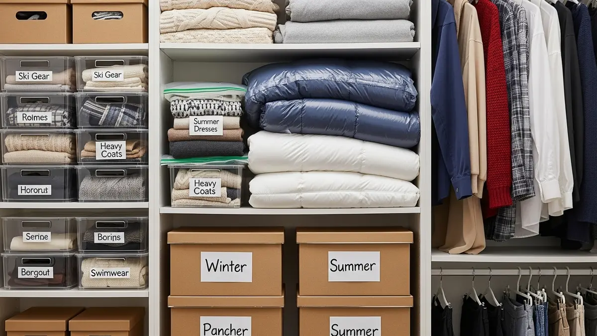 Seasonal clothing storage system with clear containers and organized rotation setup