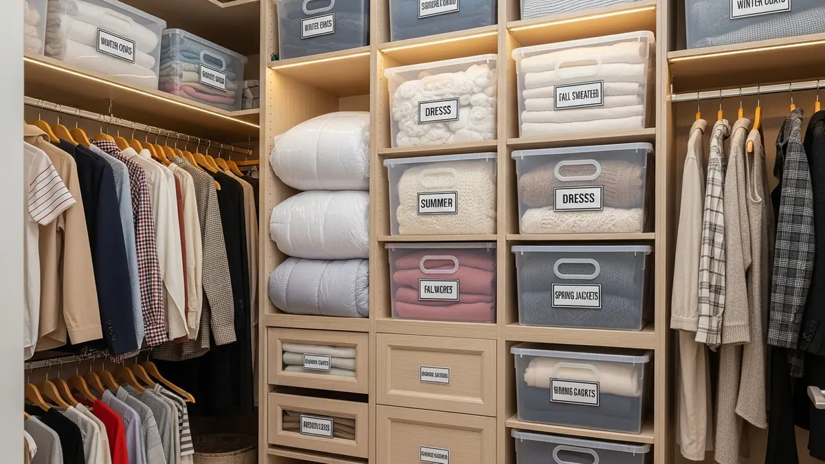 Seasonal closet organization with labeled storage boxes and vacuum storage solutions