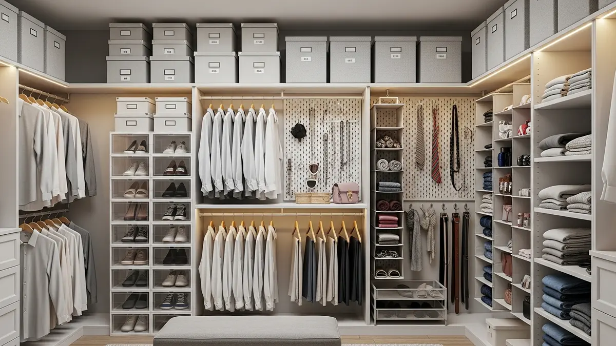 Vertical closet storage solutions with hanging organizers and stackable storage boxes