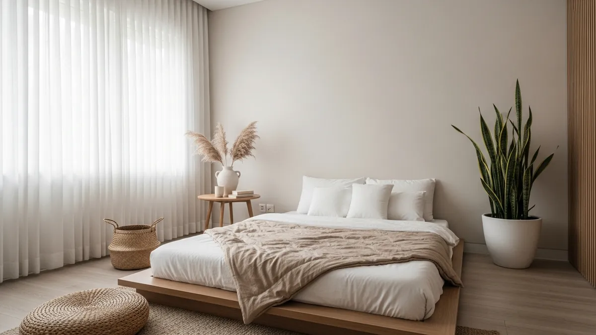 Palet warna netral kamar tidur minimalis dengan kombinasi putih krem dan kayu natural