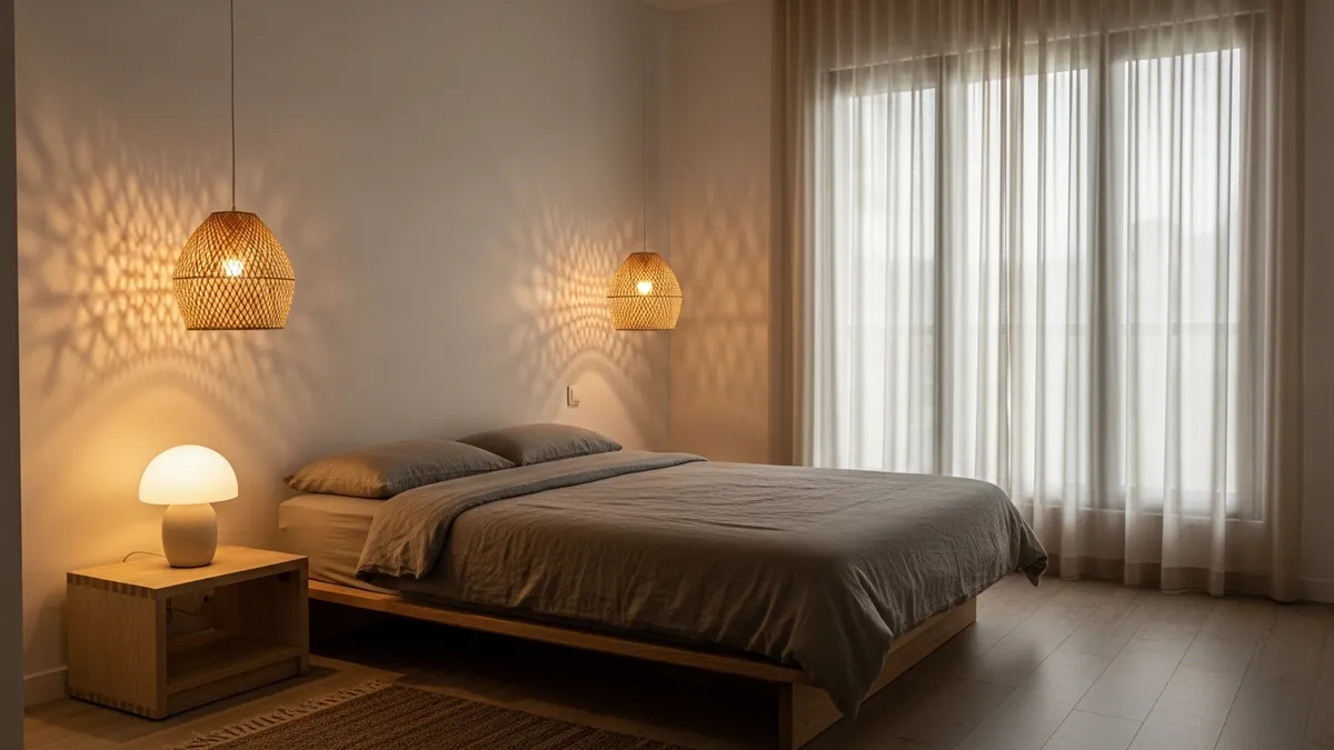 Ide pencahayaan kamar tidur minimalis dengan lampu gantung dan pencahayaan alami