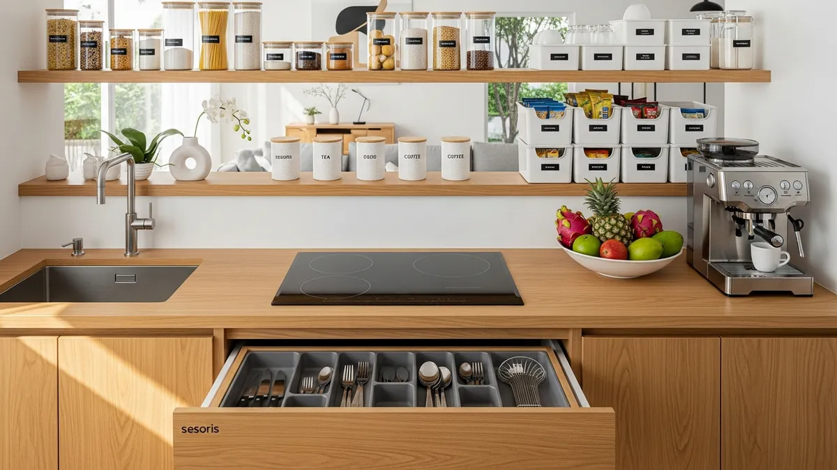 Organized kitchen bar with storage solutions and containers