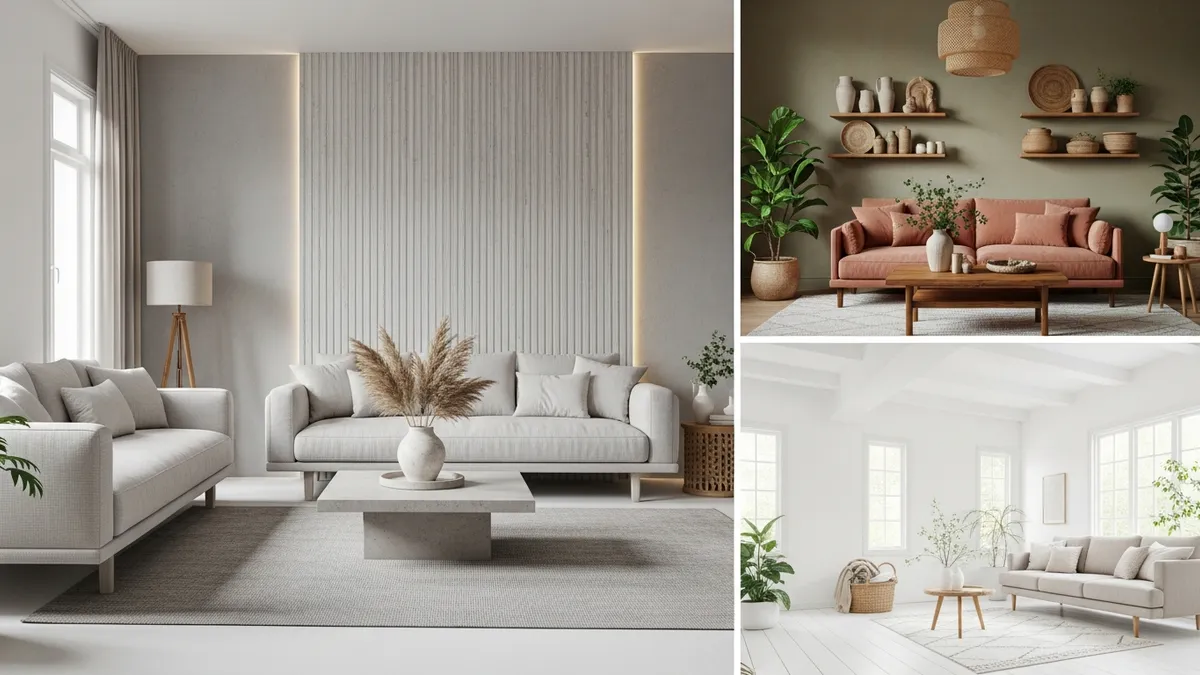 Skema warna ruang tamu minimalis dengan palet netral dan tone earth yang modern