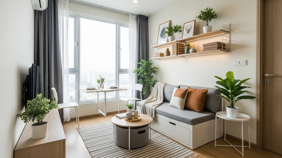 Desain ruang tamu minimalis untuk apartemen kecil dengan furniture hemat ruang