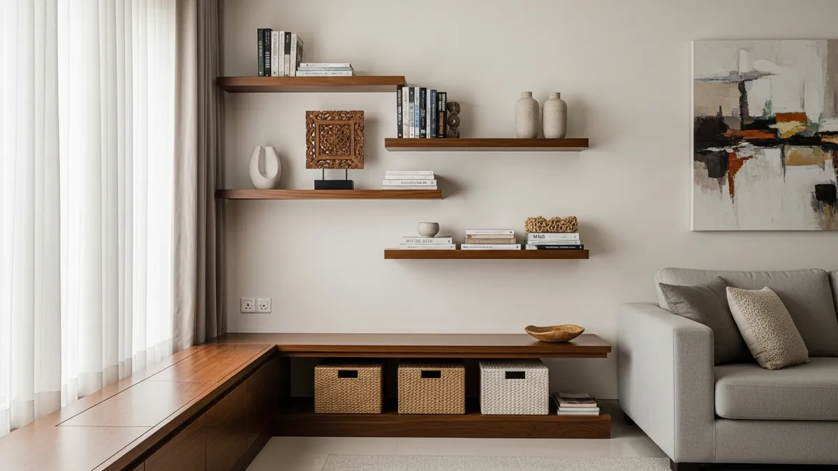 Solusi penyimpanan elegant untuk ruang tamu minimalis dengan rak built-in dan storage box