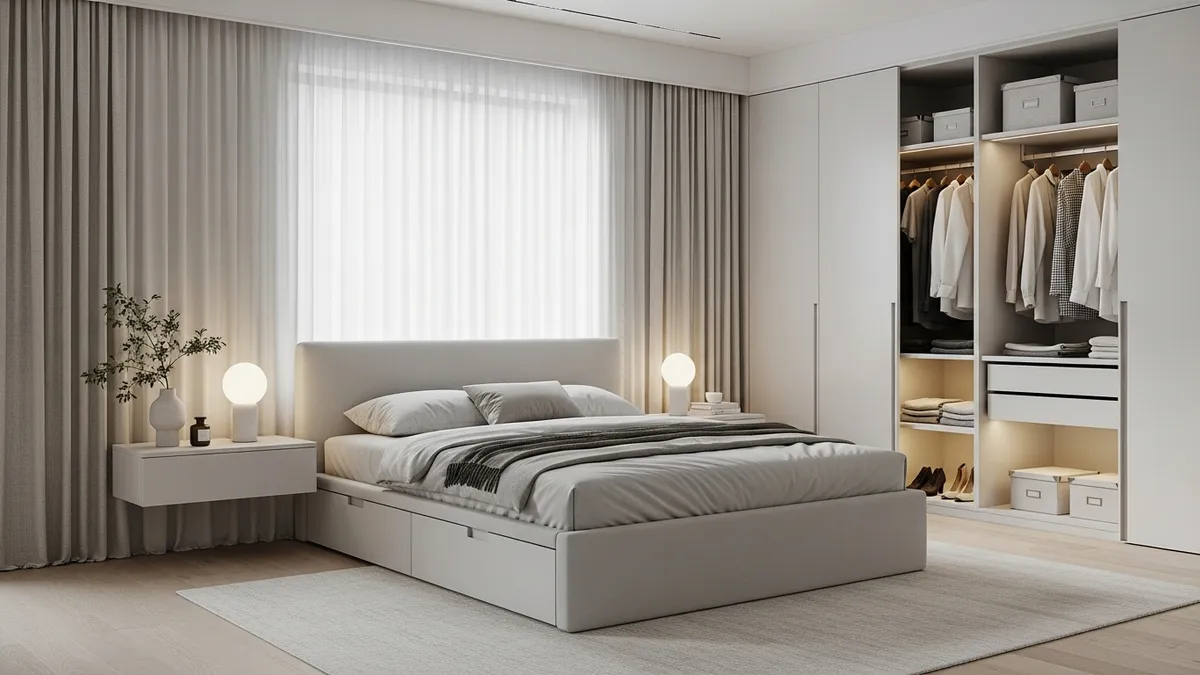Bedroom interior design featuring organized storage solutions and minimalist decor